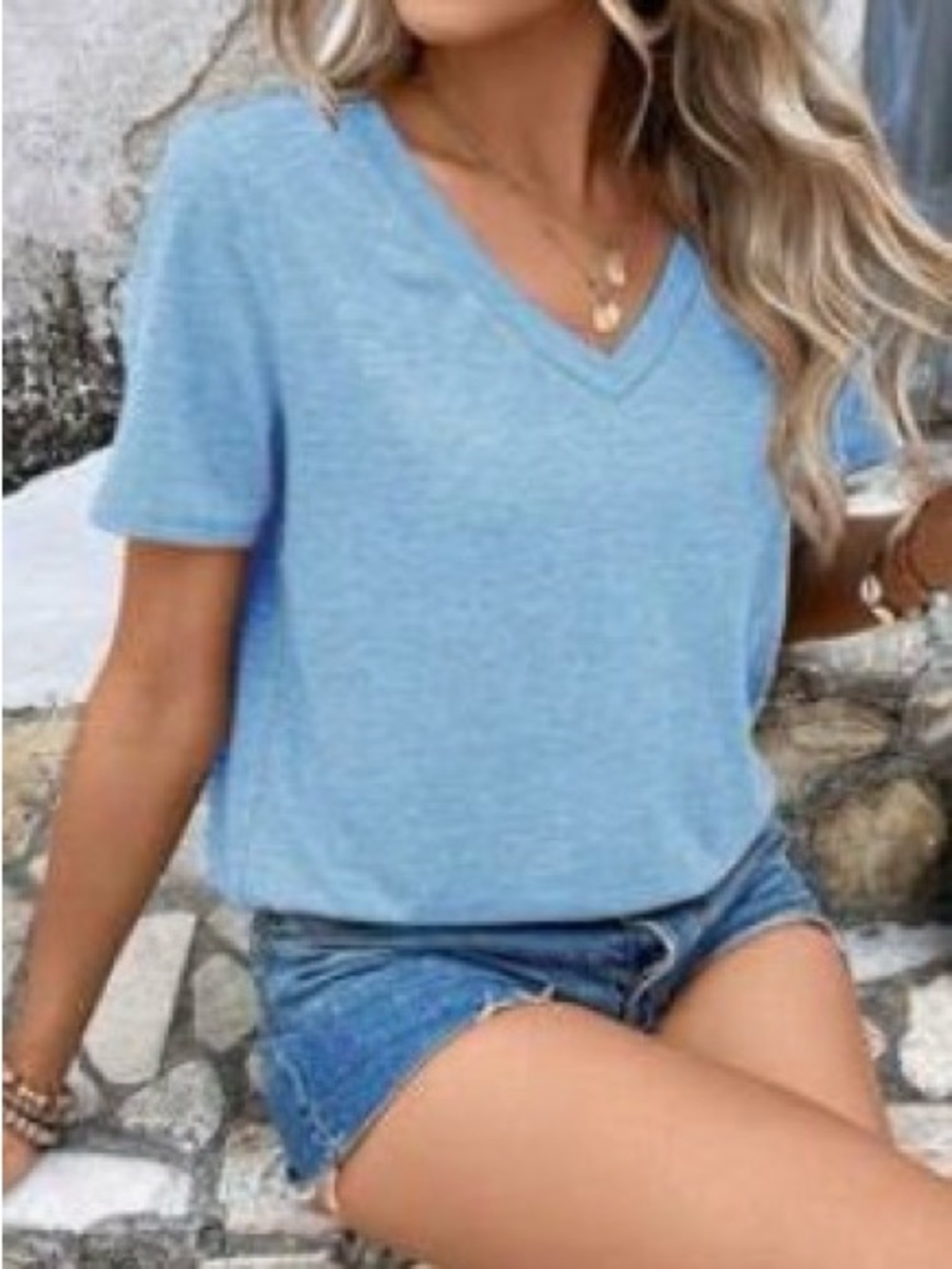 V-Neck Casual Short Sleeve Top - Light Heather Blue